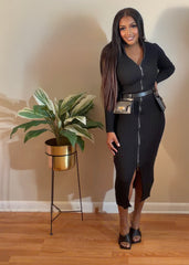 Black zipped belted maxi dress