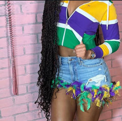 Custom Feathers Mardigras denim made to order