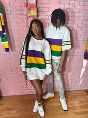 Large Rugby stripe white crew neck mardigras sweat shirt