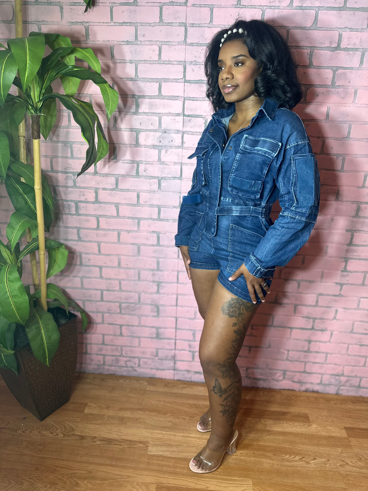 1X denim cargo romper