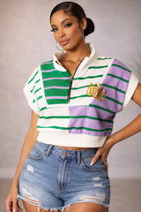 STRIPED 1/4 ZIP mardigras VEST CROP TOP